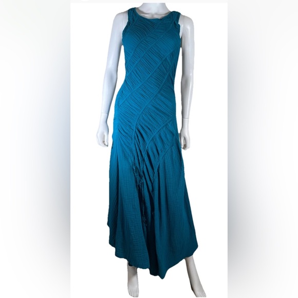 Free People Blurred Lines Midi Dress Blue Dark Teal Sz M 100% Cotton Gauze Sexy - Picture 4 of 15